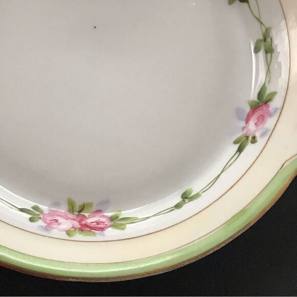 Antique Nippon Hand Painted Pink Rose Gilt Trim Cream & Green Handled Bowl - Picture 6 of 14